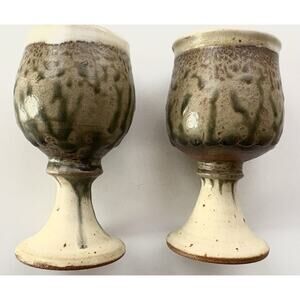 Art Pottery Wine/Water Goblets Glasses Chalise Set of 2 Drip Glaze Signed Spears